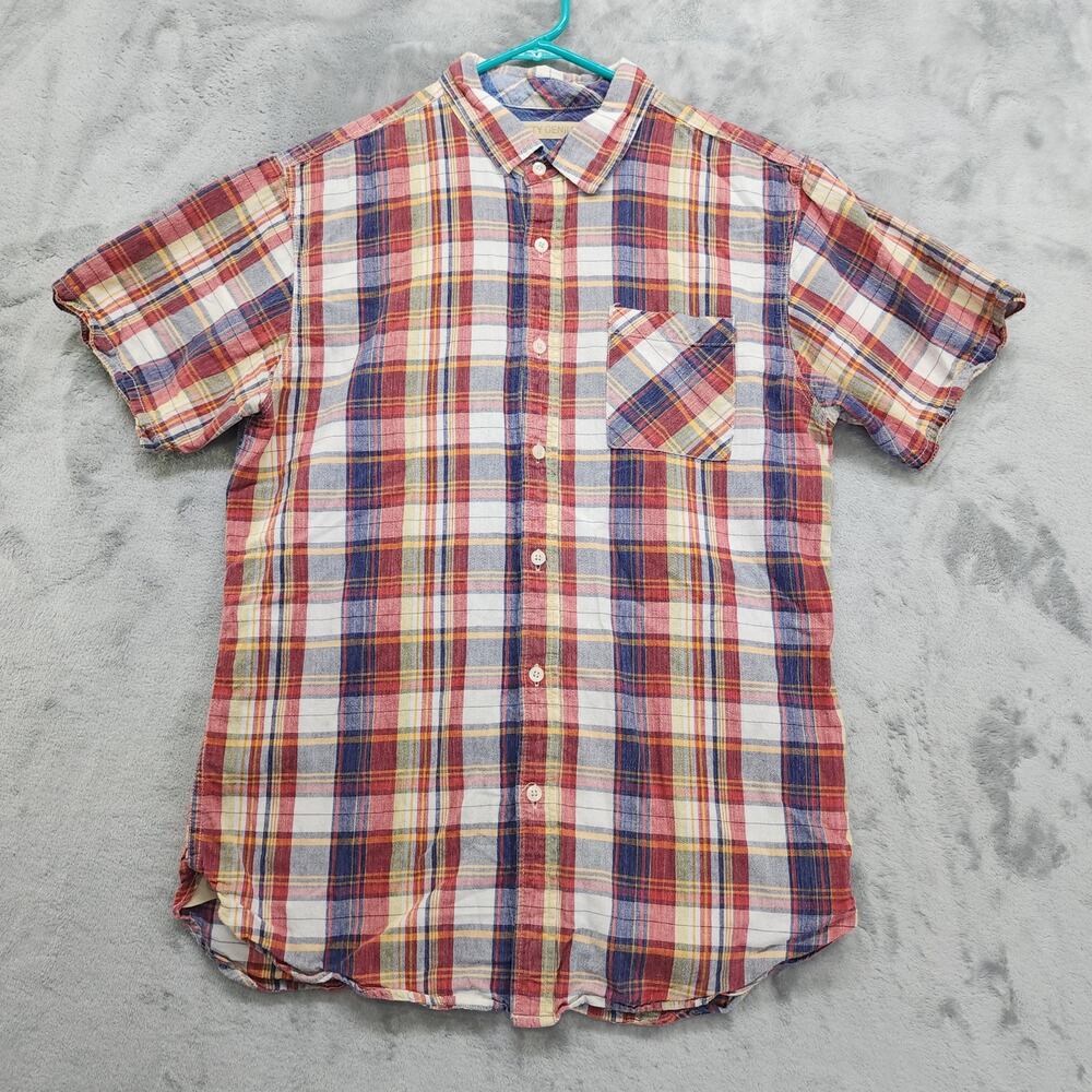 Nifty Genius Shirt Mens M Blue Red Plaid‎ Button Up Short Sleeve Casual Preppy